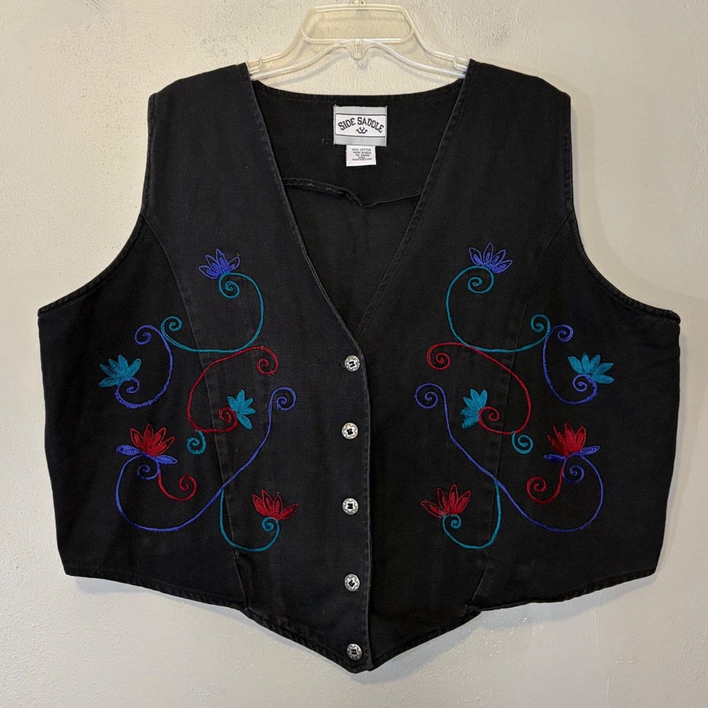 Vintage Side Saddle Black Denim Vest Womens 2XL Floral Embroidered Western Boho